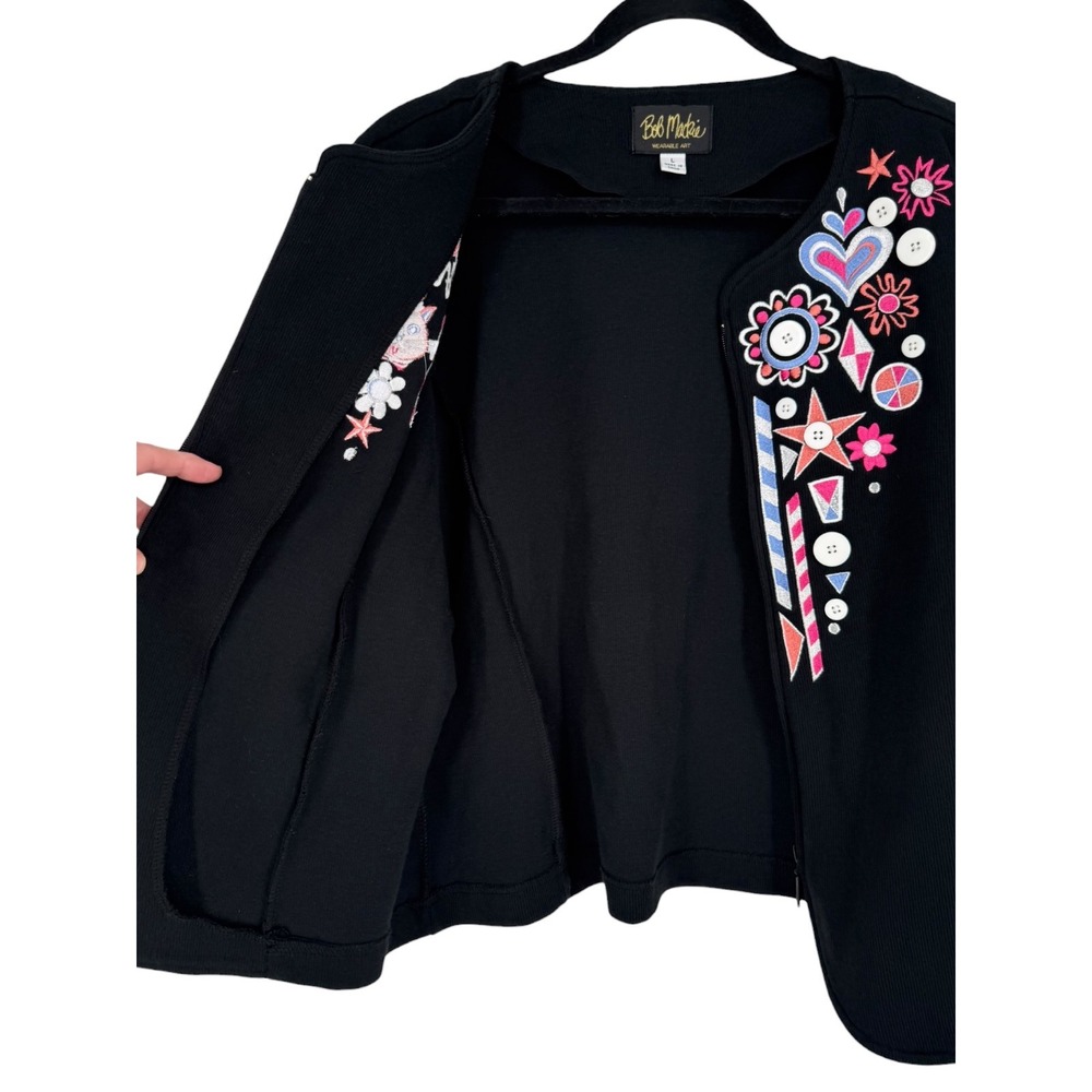 Bob Mackie Wearable Art Embroidered Cat Full Zip Cardigan Jacket Size Large - Picture 4 of 13